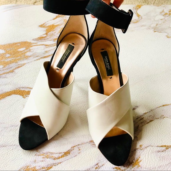 Zara Open-Toe Black and White Heels with Adjustable Strap - Picture 7 of 10